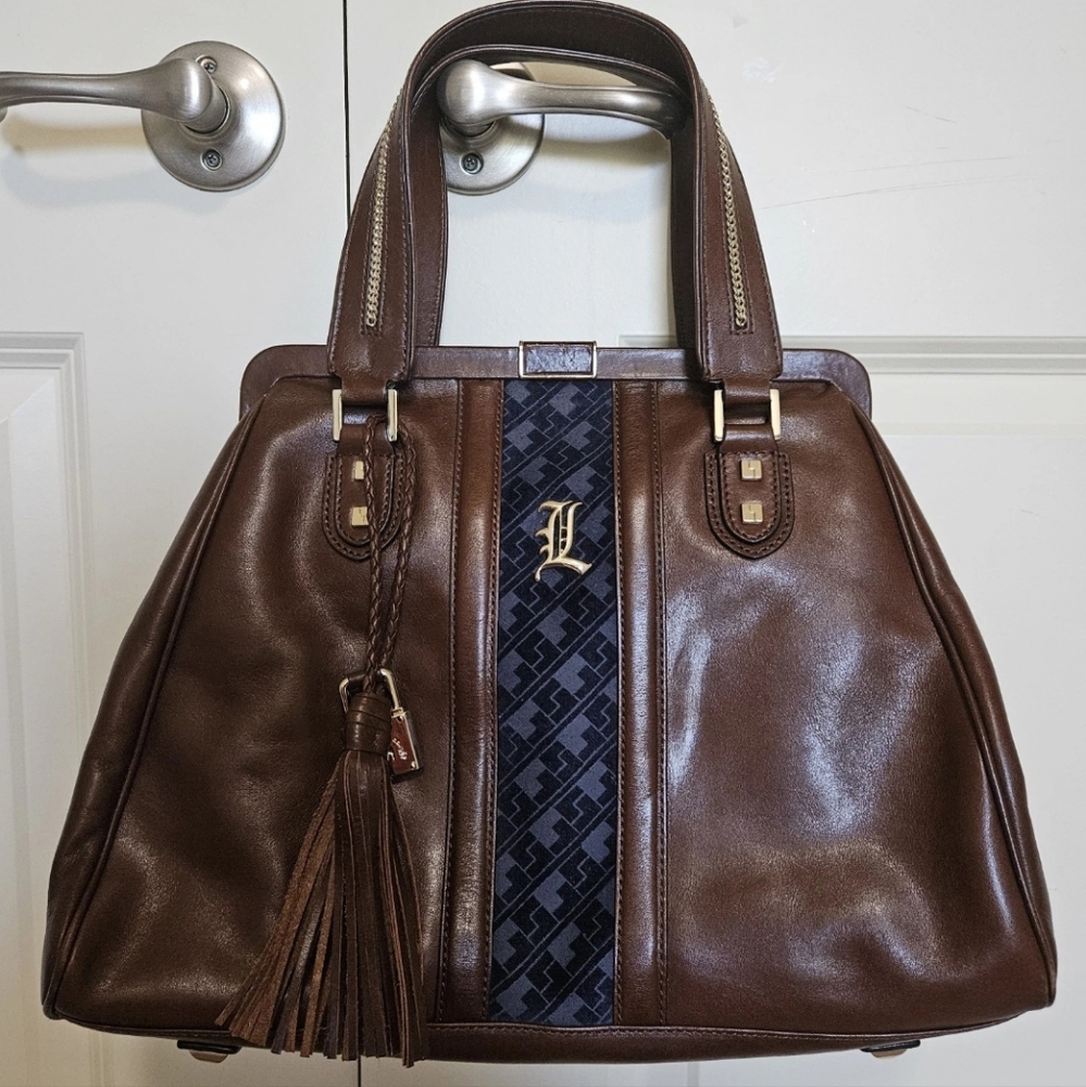 L.A.M.B. Brown Leather Shoulder Bag with Navy Accent and Tassel
